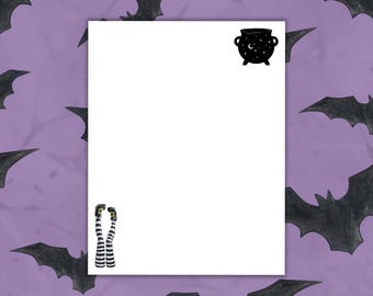 Carta da lettere con motivo strega di Halloween: carta a righe con calderone e gambe a righe (download PDF)