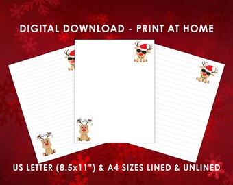 May include: White lined and unlined paper sheets with a festive reindeer design. The text "DIGITAL DOWNLOAD - PRINT AT HOME" is at the top. The text "US LETTER (8.5x11") & A4 SIZES LINED & UNLINED" is at the bottom. The background is red with white snowflakes.