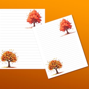 Pode incluir: Duas folhas de papel de carta brancas pautadas com ilustrações em aquarela de árvores de outono. Uma folha tem uma árvore no canto superior direito e a outra no inferior esquerdo. As árvores têm folhas laranja e vermelhas.