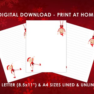Pode incluir: Folhas de papel brancas com e sem linhas com um design de duende de Natal. O texto "DOWNLOAD DIGITAL - IMPRIMA EM CASA" está no topo. O texto "TAMANHOS US LETTER (8.5x11") E A4 COM E SEM LINHAS" está na parte inferior. O fundo é vermelho.