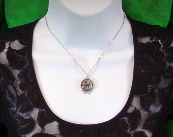 Glass Mushroom Pendant, Silver Metallic Digital Art Necklace, Original Design and Artwork, Trippy Shroom Jewelry