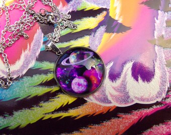 Glass Galaxy Space Pendant, Metallic Digital Space Necklace, 1 inch, Original Design and Artwork, Stainless Steel Pendant