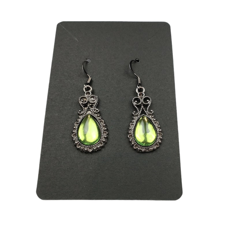 Glass Opalite Earrings Green Peridot Glass Gumetal Teardrop Earrings 32mm Tall 11mm Wide