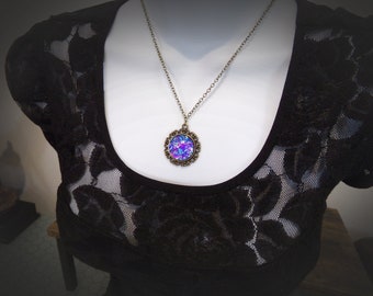 Iridescent Glass Opalite, Neo Victorian Statement Pendant, Glass Opal and Bronze Victorian Gothic Fantasy Necklace