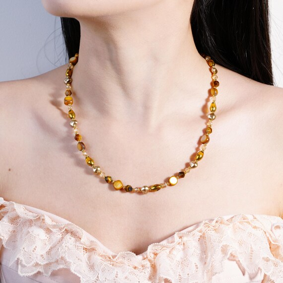 Tiger Eye Beaded Necklace, Baroque Pearl Necklace, Handmade Beaded
