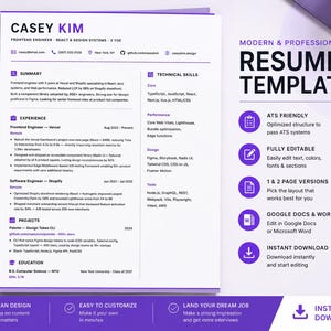 May include: A modern resume template with a purple and white design. The resume includes sections for summary, experience, technical skills, and projects. The template is ATS friendly, fully editable, and available in 1 & 2 page versions.