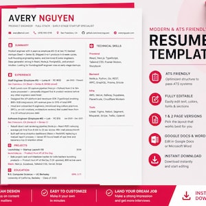 Può includere: Un modello di curriculum moderno con un bordo rosa, con il nome "Avery Nguyen" e il titolo del lavoro. Il curriculum evidenzia competenze tecniche, esperienza e istruzione, con icone che indicano la compatibilità ATS, la modificabilità e il download immediato.