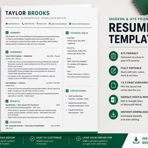 May include: A modern resume template with a clean design, featuring the name "TAYLOR BROOKS" and job title. The resume highlights experience, technical skills, and certifications. The template is ATS friendly, fully editable, and available in 1 & 2 page versions.