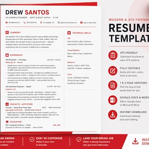 Può includere: Un modello di curriculum moderno con un design rosso e bianco. Il curriculum include sezioni per riepilogo, esperienza, competenze tecniche e progetti. Il testo "Resume Template" è ben visibile. Una penna nera e una tazza di caffè sono di lato.