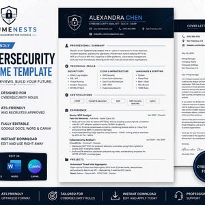 May include: A professional resume template for cybersecurity roles. The design includes a resume, cover letter, and icons. The template is ATS-friendly, fully editable in Google Docs, Word, and Canva, and offers instant download.