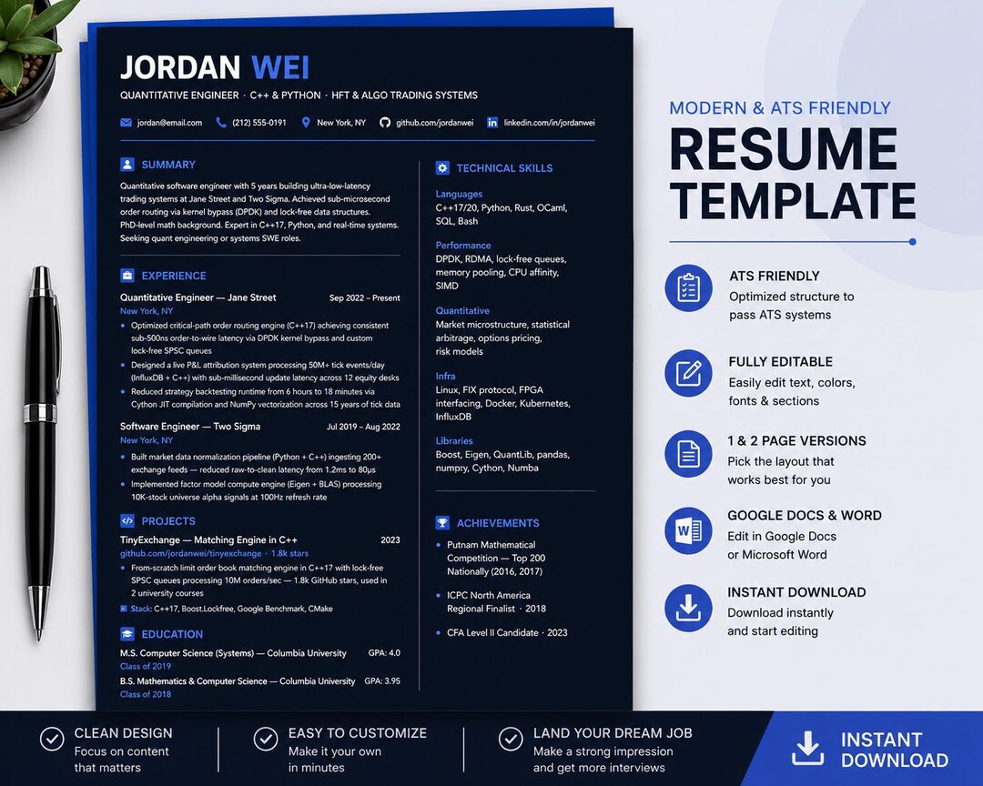 Quant Developer Resume Template | Quantitative Engineer Resume | ATS ...