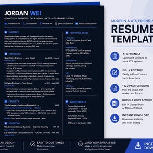 May include: A modern resume template with a dark blue background. The resume includes sections for summary, experience, technical skills, and achievements. The template is ATS friendly, fully editable, and offers 1 & 2 page versions.