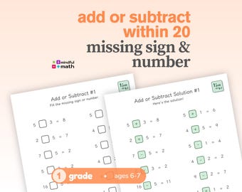 Add or Subtract Within 20 Worksheets Grade 1, Missing Sign and Missing Number, Math Practice (PDF Download)