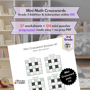May include: A white sheet of paper with math crossword puzzles for 8-9 year olds. The sheet is labelled "Mini Crossword Solution #1" and includes addition and subtraction problems. The image also includes a pencil holder and a red apple.