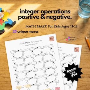 May include: Educational math maze worksheets for kids aged 11-12, featuring integer operations. The image includes a colorful wooden clown toy, a pencil, a glass of water, and a green apple. The worksheets are labeled "Math Maze Solution #1" and "Maze Pack #10".
