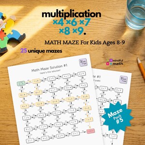 Könnte beinhalten: Lehrreiche Mathe-Labyrinth-Arbeitsblätter für Kinder im Alter von 8-9 Jahren mit Multiplikationsaufgaben. Das Bild zeigt ein farbenfrohes Holzpuzzle, ein Glas Wasser, einen Bleistift und einen grünen Apfel. Der Text auf den Arbeitsblättern lautet "Math Maze Solution #1" und "Maze Pack #5".