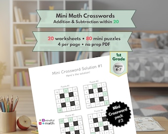 Mathe-Kreuzworträtsel Arbeitsblätter, Zugabe und Subtrahierung innerhalb von 20, Klasse 1 zum ausdrucken