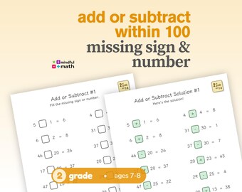 Add or Subtract Within 100 Worksheets Grade 2, Missing Sign and Missing Number, Printable Math Practice (PDF Download)