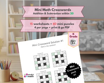 Mathe-Kreuzworträtsel Arbeitsblätter, Zugabe und Substrahierung innerhalb von 20, Kindergarten druckbare PDF