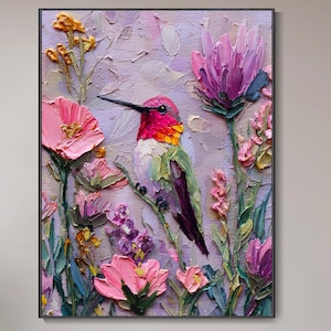 Handgemaltes buntes Kolibri Tierporträt 3D abstrakte Blumen dicke Textur Kunst Moderne Kunst Leinwandgemälde stilvolle Wohnzimmer