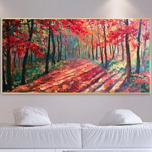 Pintura al óleo impasto bosque otoñal de arces rojos paisaje de sendero forestal lienzo arte mural pinceladas gruesas texturizadas sendero