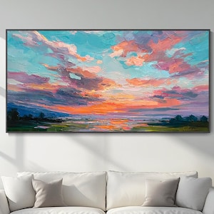 Pintura al óleo con textura gruesa nubes coloridas atardecer romántico paisaje natural pradera de California lienzo pintado a mano arte