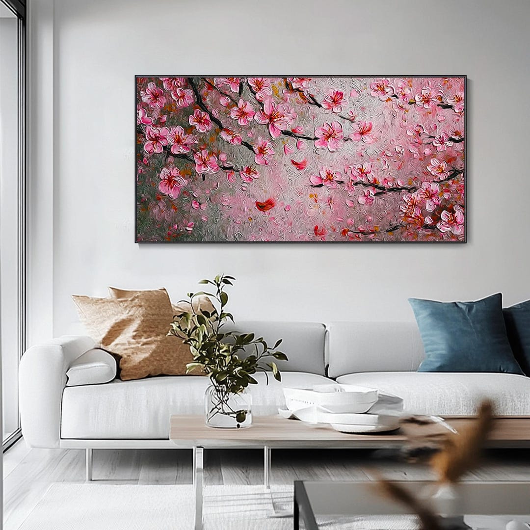 Romantic Pink Cherry Blossom Canvas Oil Painting 3D Hand Creamy Thick ...
