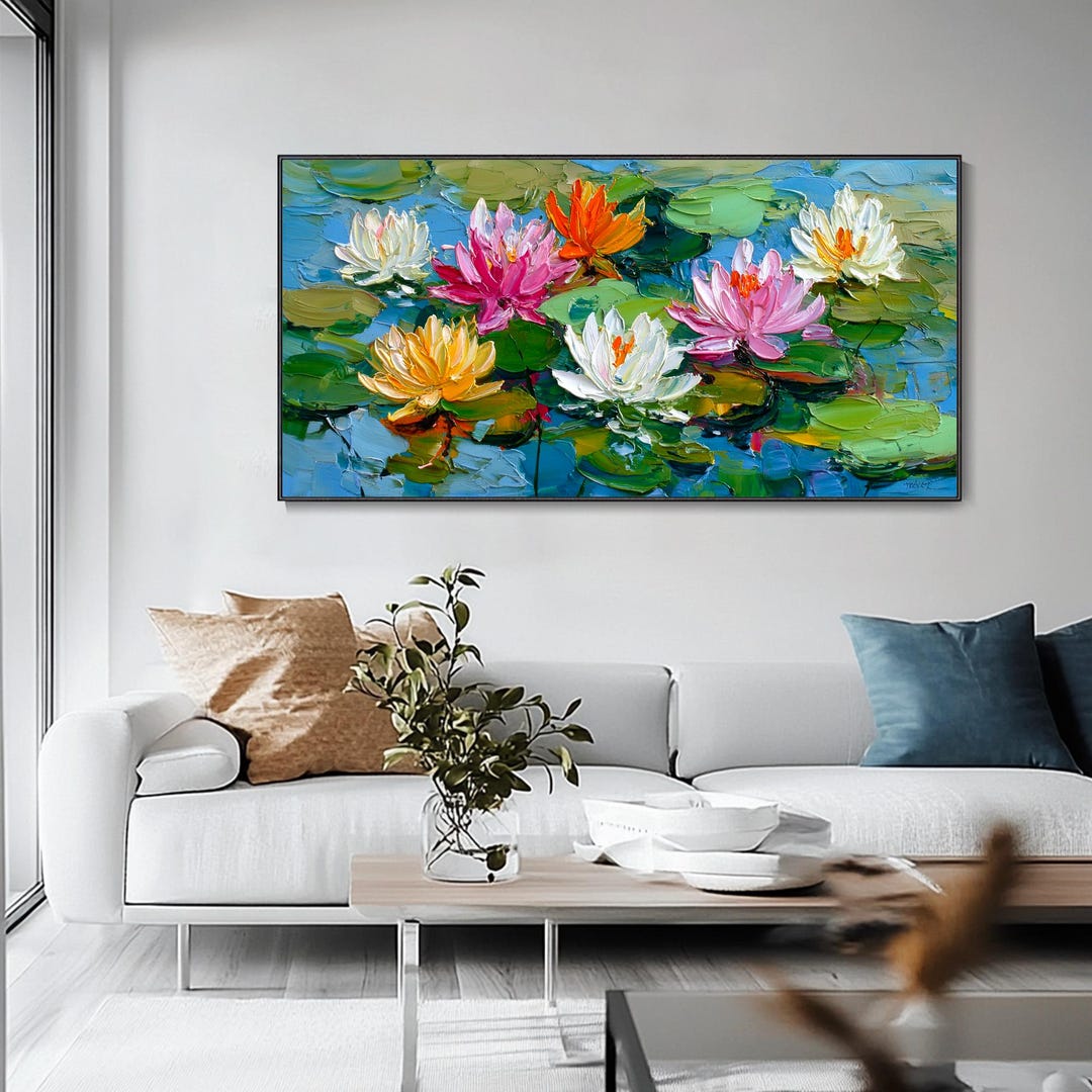 Hand Water Lily Canvas Oil Painting Colorful Floral Plant Texture Wall ...
