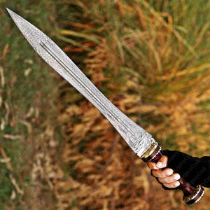 May include: A silver sword with a detailed blade design and a wooden handle with brass accents. The sword is held against a blurred background of green and brown foliage. The blade has a series of parallel lines.