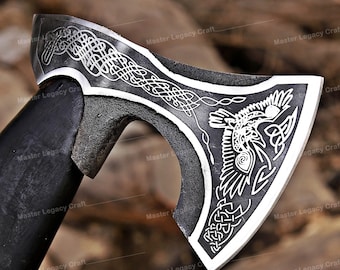 Handgefertigte Wikinger Axt Rabe mit graviertem Griff, exotisches nordisches Kunststück zur Wanddekoration