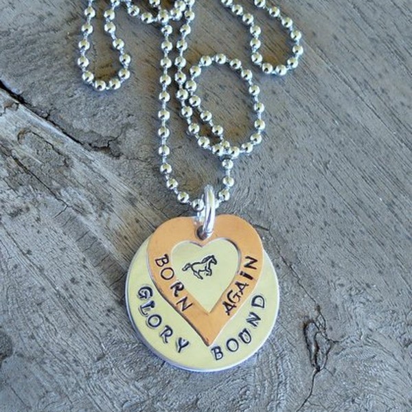 Hand Stamped,  Copper and Silver Born Again Necklace, horse, equestrian, faith