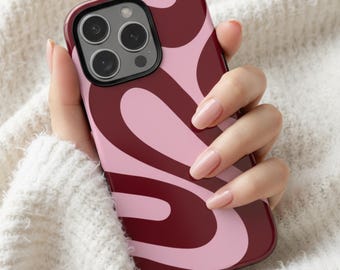 Wavy Abstract Phone Case: Pink and Dark Red Swirl Design, Trendy Cases, Iphone 17 16 15 14 13 12 11 Samsung S25 S24 S23 S22 Google Pixel