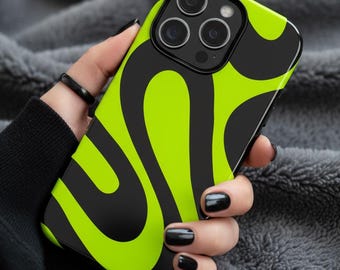 Wavy Abstract Phone Case: Black and Neon Green Swirl Design, Vibrant Cases, Iphone 17 16 15 14 13 12 11 Samsung S25 S24 S23 S22 Google Pixel