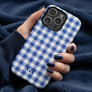 Personalized Navy Blue Checkered Phone Case, Gingham Custom Phone Cases, Iphone 17 16 15 14 13 12 11 Samsung S25 S24 S23 S22 Google Pixel