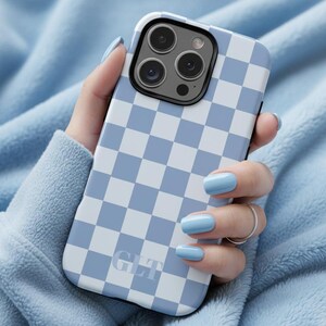 Coque de portable personnalisée à carreaux bleus, coques tendance personnalisées, initiales, Iphone 17 16 15 14 13 12 11 Samsung S25 S24 S23 S22 Google Pixel