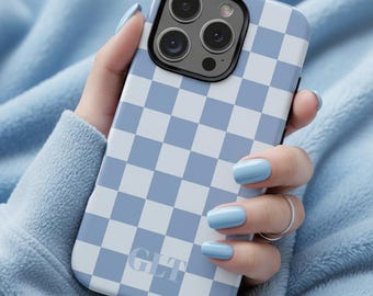 Custom Blue Checkered Phone Case, Personalized Trendy Cases, Initial case, Iphone 17 16 15 14 13 12 11 Samsung S25 S24 S23 S22 Google Pixel