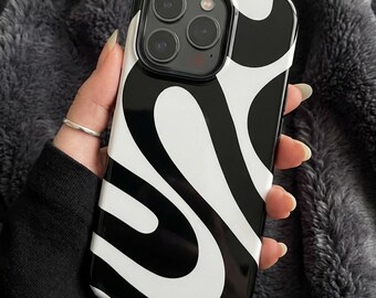 Wavy Abstract Phone Case: Black and White Swirl Design, Trendy Cases, Iphone 17 16 15 14 13 12 11 Samsung S25 S24 S23 S22 Google Pixel
