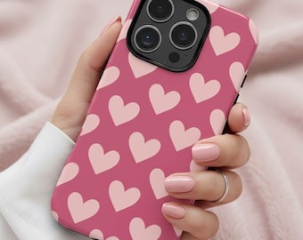 Pink Heart Pattern Phone Case, Cute Pink Tough Case for Valentine's Day, Iphone 17 16 15 14 13 12 11 Samsung S25 S24 S23 S22 Google Pixel