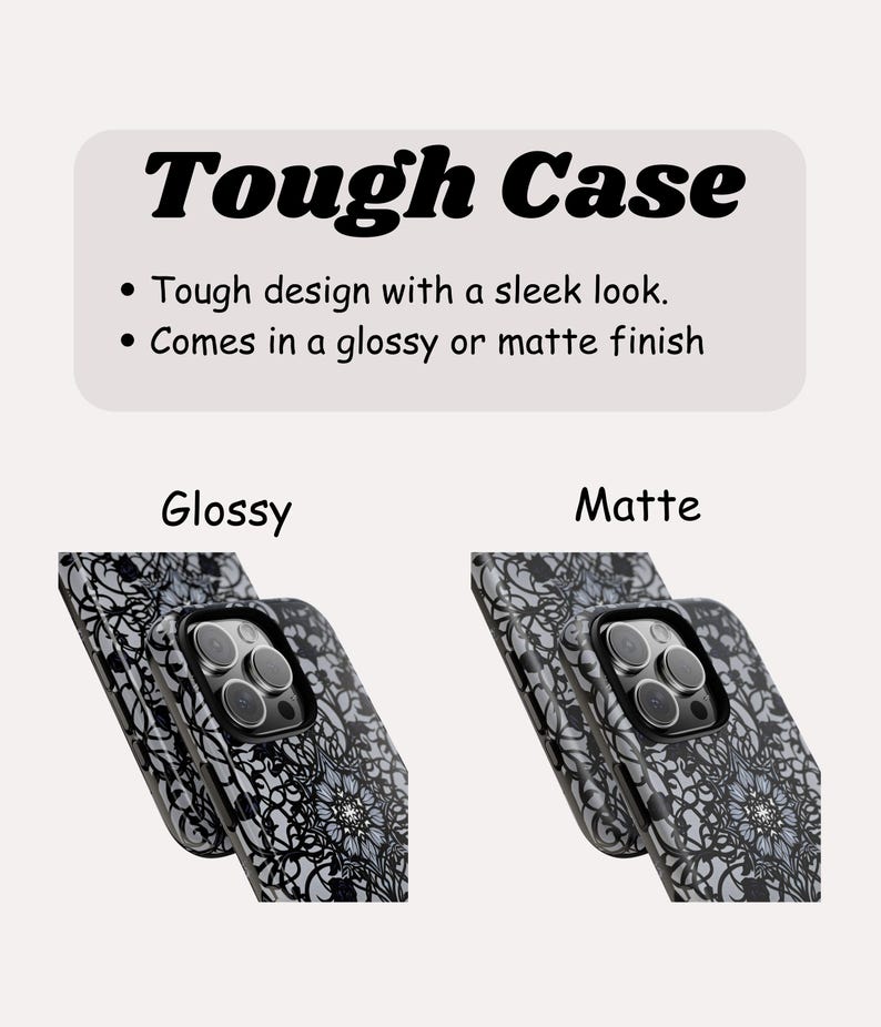 May include: Phone cases with a floral design in black and white. The text "Tough Case" is at the top, with descriptions of the case's features. The cases are available in glossy or matte finishes.