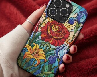 Colorful Floral Stained Glass Phone Case | Flower Rose Tough Cases, Iphone 17 16 15 14 13 12 11 Samsung S25 S24 S23 S22 Google Pixel