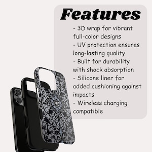 May include: Black and white phone case with a floral design. The image shows the case in three parts, with the text "Features" and bullet points describing the case's attributes, including UV protection and wireless charging compatibility.