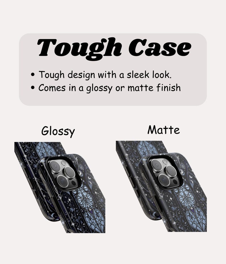 Op de afbeelding: Zwarte telefoonhoesjes met een glas-in-lood ontwerp, verkrijgbaar in glanzende of matte afwerkingen. De hoesjes hebben een stevig ontwerp met een strakke uitstraling. De tekst "Tough Case" staat bovenaan de afbeelding.