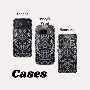 May include: Cases for iPhone, Google Pixel, and Samsung phones. The cases feature a black and white floral design. The word "Cases" is written in a bold, black font at the bottom of the image.