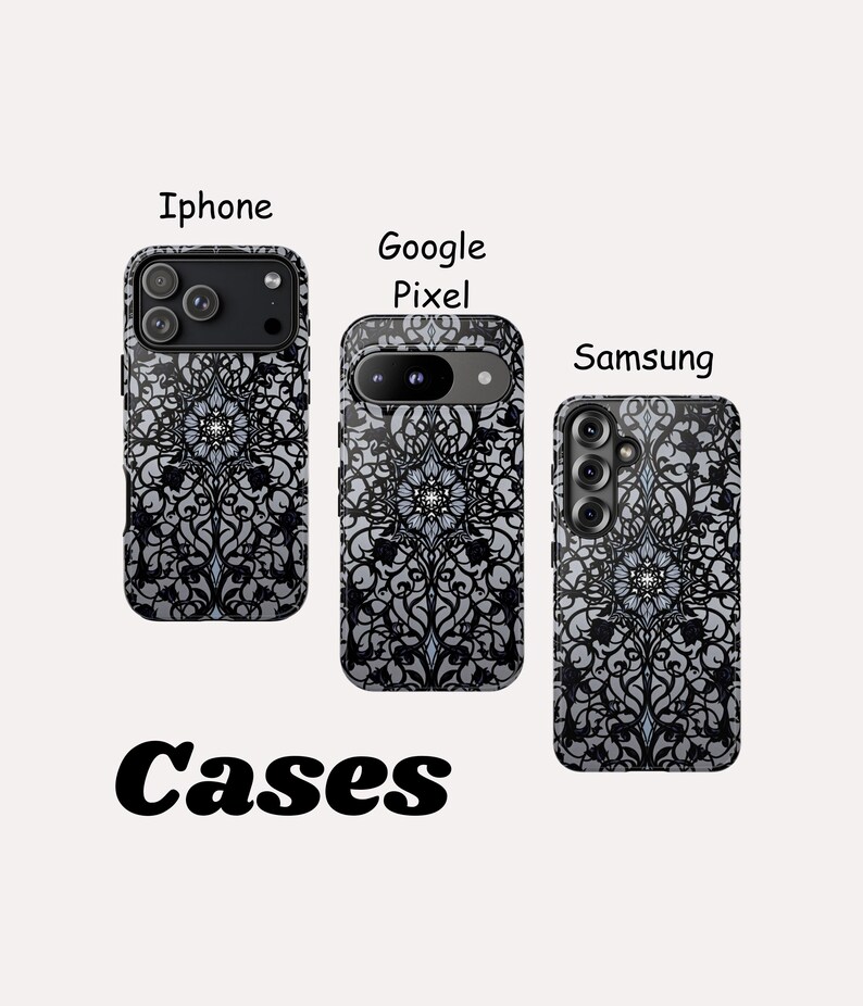 May include: Cases for iPhone, Google Pixel, and Samsung phones. The cases feature a black and white floral design. The word "Cases" is written in a bold, black font at the bottom of the image.