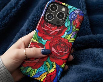 Stained Glass Red Roses phone case | Floral Tough Case, Flower Iphone 17 16 15 14 13 12 11 Samsung S25 S24 S23 S22 Google Pixel
