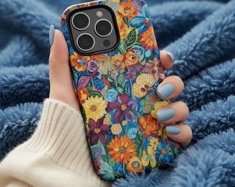 Colorful Floral Pattern phone case | Flower Painting Tough Cases, Iphone 17 16 15 14 13 12 11 Samsung S25 S24 S23 S22 Google Pixel
