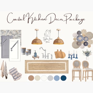 May include: A coastal kitchen decor package featuring woven pendant lights, cutting boards, a faucet, decorative plates, candles, chairs, and a rug. The image also includes cabinet doors, towels, and colour swatches.