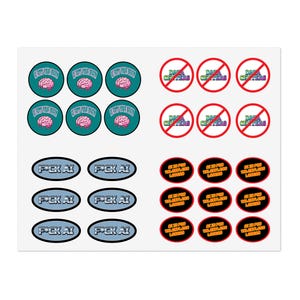 Puede incluir: Una hoja de pegatinas con cuatro diseños distintos: pegatinas circulares de color verde azulado con un cerebro rosa y el texto AI ROTS YOUR BRAIN, pegatinas circulares con una señal de prohibición roja sobre el texto DATA CENTERS, pegatinas ovaladas con el texto F*CK AI y pegatinas ovaladas con el texto AI IS FOR TALENTLESS LOSERS.