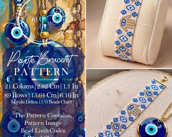 Evil Eye and Hamsa Hand Peyote Bracelet Pattern - Miyuki Delica Bead Pattern - PDF Word Chart & Bead Grid