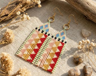 Long Fringe Earrings Pattern | Abstract Boho Statement Bead Chart | Colorful Geometric Brick Stitch PDF | Ethnic Art Jewelry